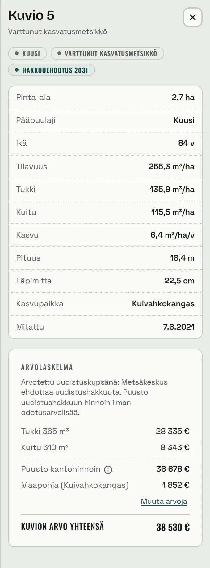 Oksion kuviokortti kuusikuviolle: pinta-ala, ikä, tilavuus, tukki, kuitu, kasvu, pituus, läpimitta, kasvupaikka ja mittauspäivä sekä arvolaskelma, jossa tukki, kuitu ja maapohja euroina.