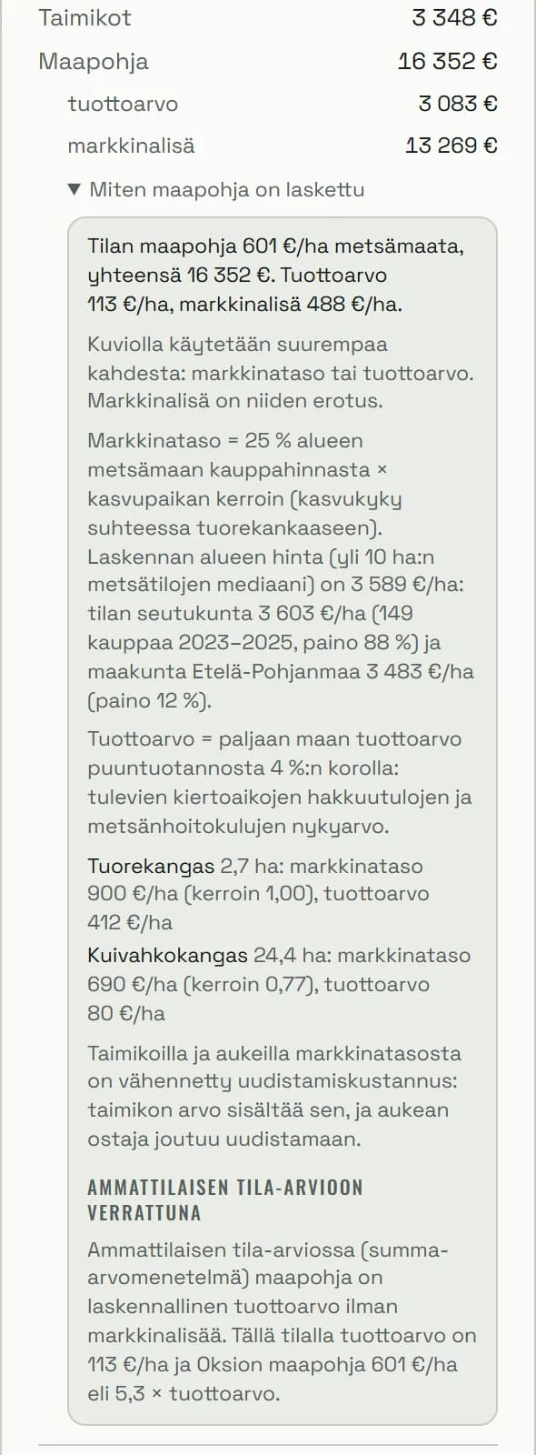 Oksion maapohjan tietolaatikko, jossa kerrotaan tilan maapohjan arvo hehtaarilta, markkinatason ja tuottoarvon kaavat, alueen metsämaan kauppahinta sekä tuorekankaan ja kuivahkon kankaan markkinataso ja tuottoarvo.