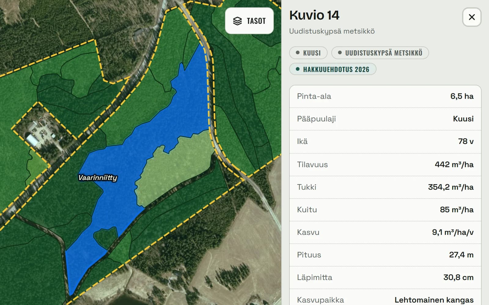Lähennetty kuviokartta, jossa kuvio 14 on korostettu sinisellä, ja oikealla kuviokortti: 6,5 ha, kuusi, 78 vuotta, 442 m³/ha, tukki 354,2 m³/ha, lehtomainen kangas.