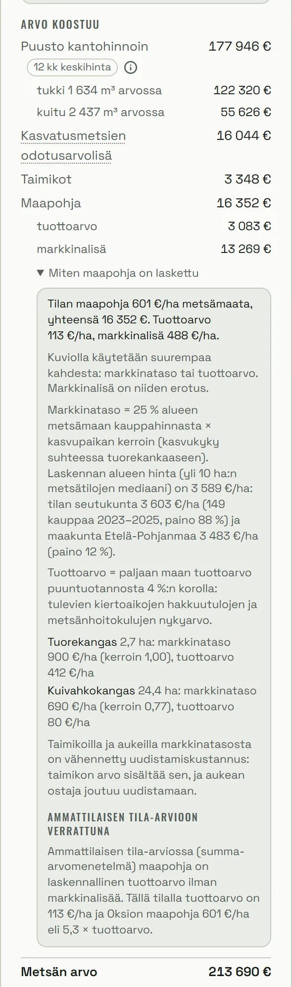 Avattu tietolaatikko maapohjarivien alla. Siinä kerrotaan tilan maapohja euroina hehtaarilta, markkinatason laskentatapa seutukunnan ja maakunnan kauppahinnasta, tuottoarvon korko, tuore- ja kuivahkon kankaan rivit sekä vertailu ammattilaisen tila-arvioon.