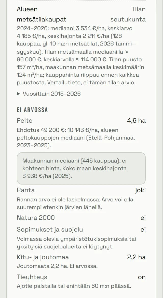 Tilan tarkempien tietojen osio, jossa alueen metsätilakauppojen mediaani ja keskiarvo sekä Ei arvossa -luettelo: pelto, ranta, Natura, sopimukset, kitu- ja joutomaa ja tieyhteys.