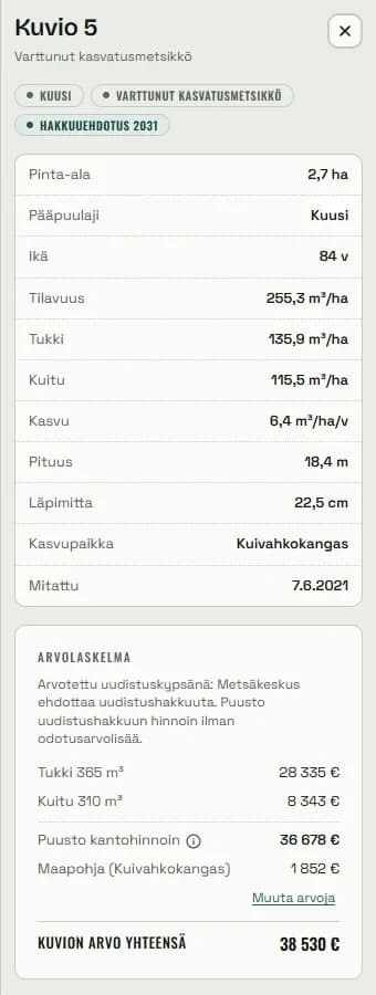 Kuvion tietokortti, jossa taulukko pinta-alasta, puulajista, iästä ja tilavuuksista sekä arvolaskelma tukista, kuidusta ja maapohjasta.