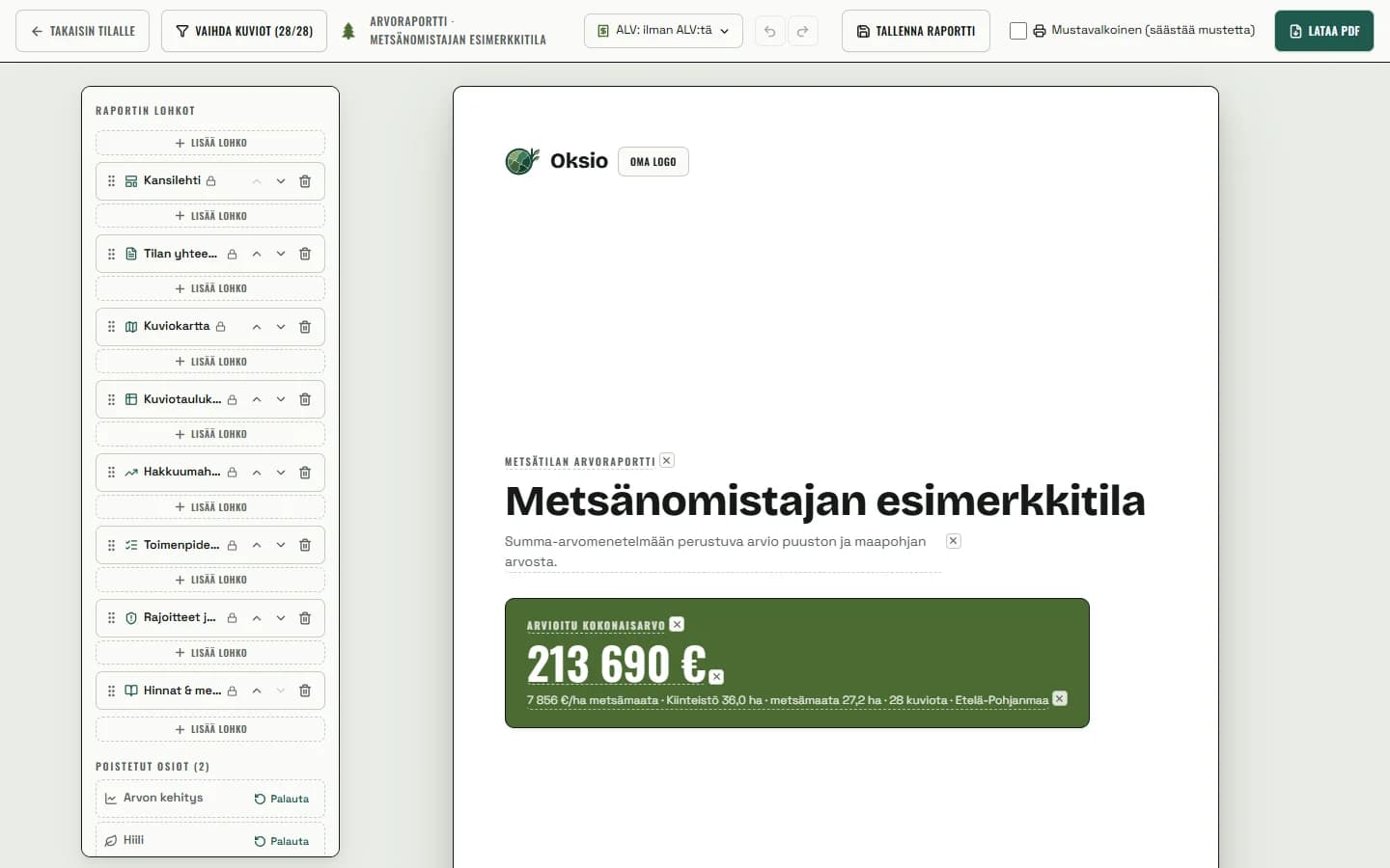 Oksion arvoraportin editori, jossa vasemmalla lohkolista ja oikealla raportin kansilehti tilan nimellä ja arvioidulla kokonaisarvolla.