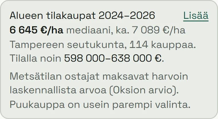 Lähikuva Oksion kortista Alueen tilakaupat: lihavoituna mediaanihinta euroa hehtaarilta, sen perässä keskiarvo, seutukunta, kauppamäärä ja alueen hinnat tilan metsämaalle muunnettuina.