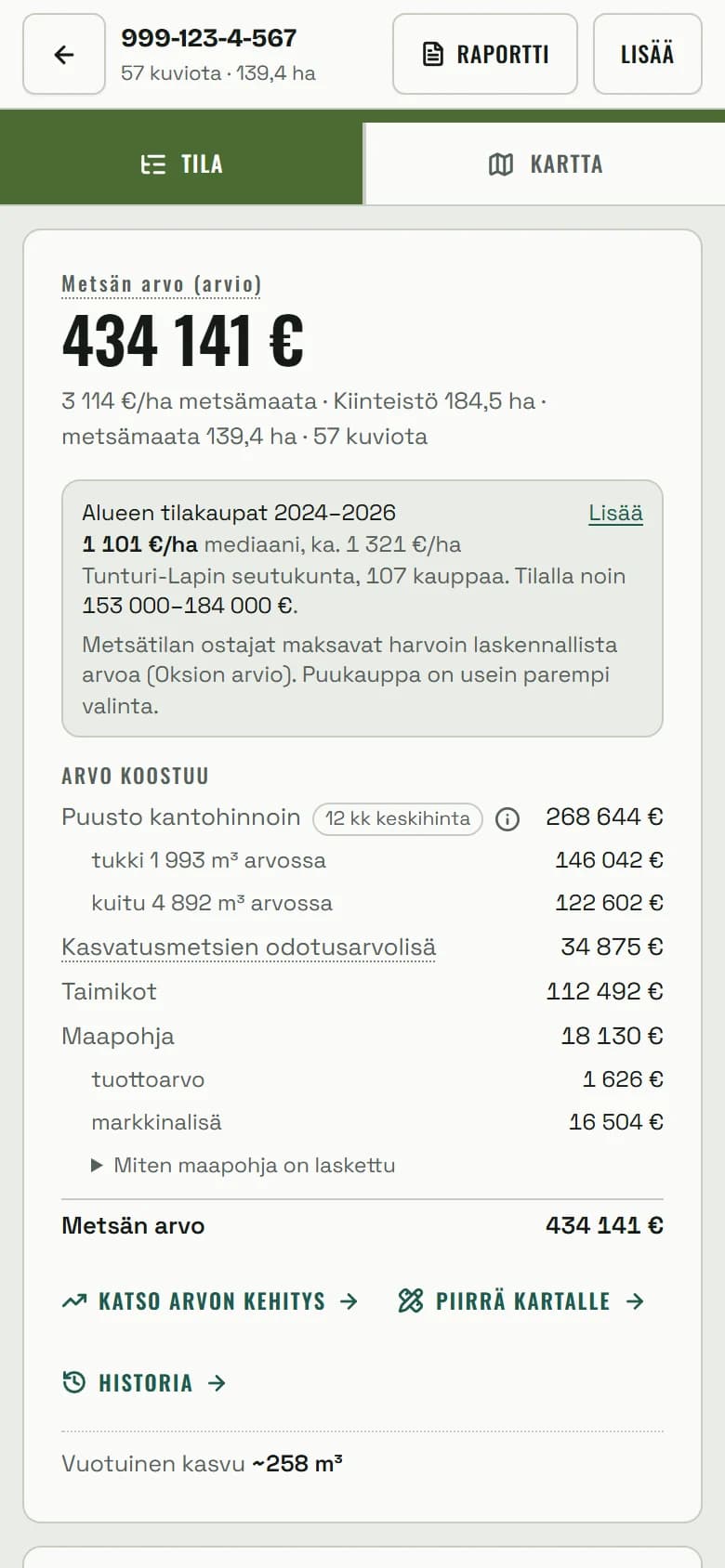 Oksion tilanäkymä puhelimen näytöllä Tila-välilehdellä: metsän arvo, arvo hehtaarilta, alueen tilakaupat ja arvon osat, joista taimikot ovat yksi suurimmista.