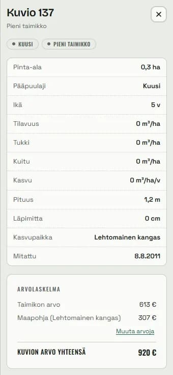 Kuviokortti: kuusi, pieni taimikko, ikä viisi vuotta, kasvupaikka lehtomainen kangas, arvolaskelmassa taimikon arvo ja maapohja.