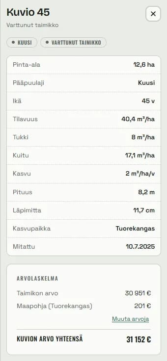 Kuviokortti: kuusi, varttunut taimikko, ikä 45 vuotta, pituus 8,2 metriä, arvolaskelmassa taimikon arvo ja pieni maapohja.
