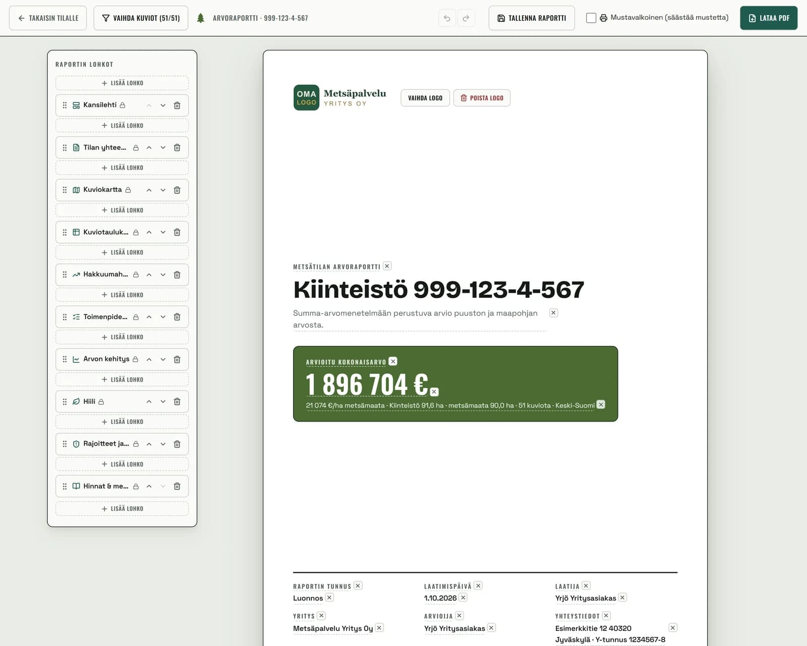 Editori, jossa vasemmalla raportin lohkot ja oikealla A4-esikatselu kansilehdestä: yrityksen logo (OMA LOGO, Metsäpalvelu Yritys Oy) Vaihda logo- ja Poista logo -painikkeineen sekä arvioitu kokonaisarvo 1 896 704 €.