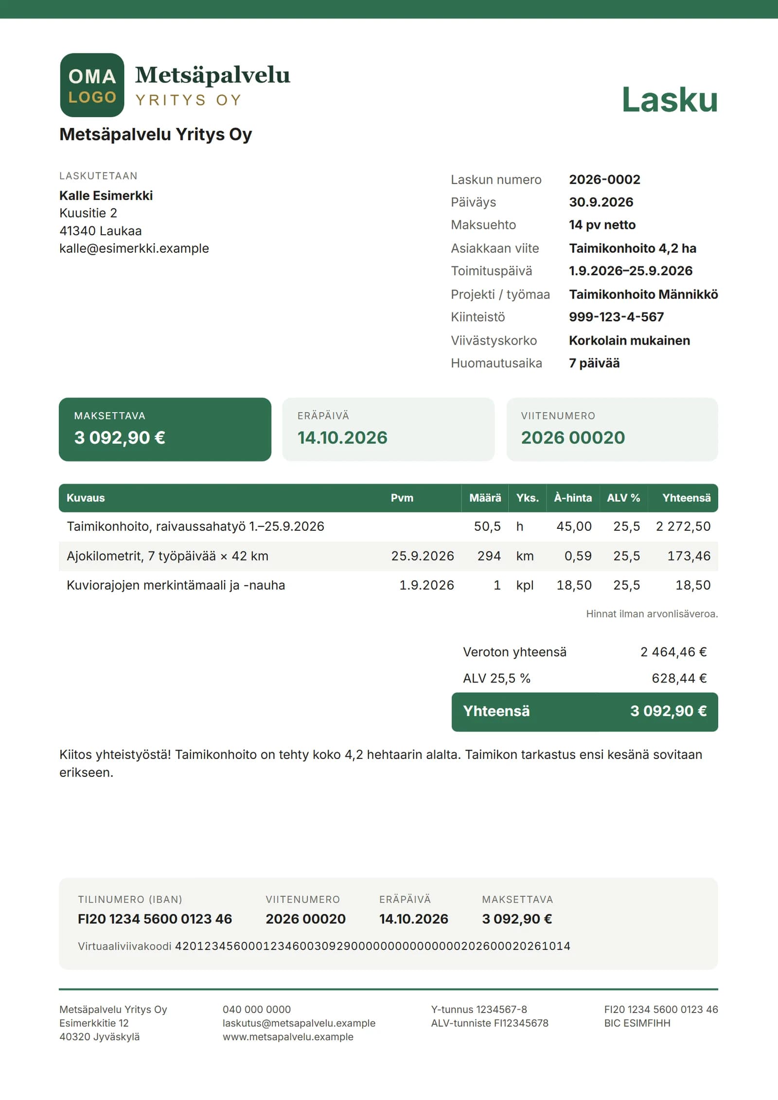Lasku 2026-0002 Kalle Esimerkille, ylänurkassa OMA LOGO -paikka yrityksen omalle logolle: taimikonhoito 50,5 h 2 272,50 €, ajokilometrit 173,46 € ja merkintämaali 18,50 €, veroton 2 464,46 €, ALV 25,5 % 628,44 €, maksettava 3 092,90 €, viite 2026 00020 ja virtuaaliviivakoodi.