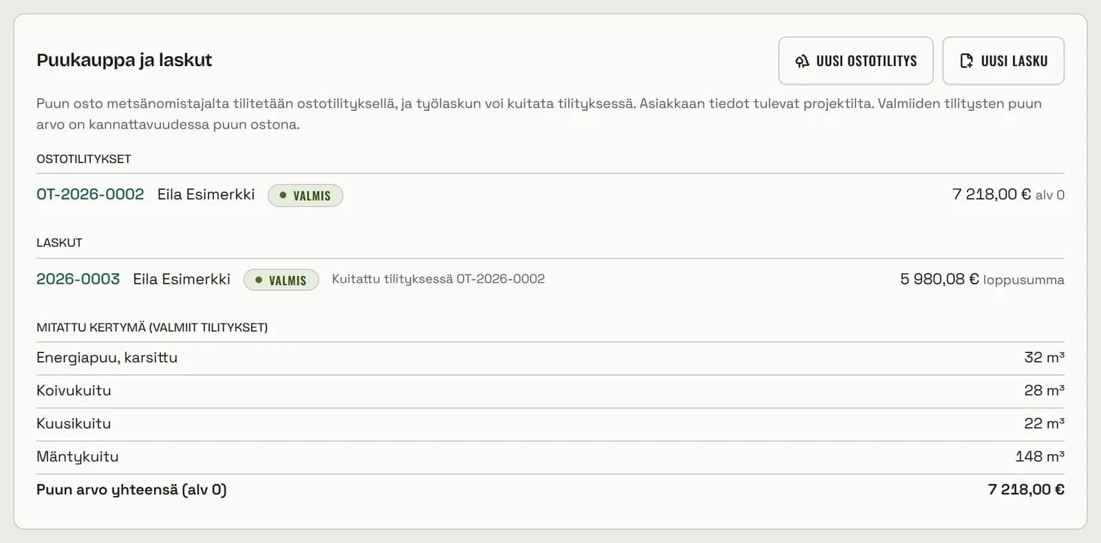Puukauppa ja laskut -kortti: ostotilitys OT-2026-0002 Eila Esimerkki 7 218,00 € alv 0, lasku 2026-0003 5 980,08 € kuitattu tilityksessä OT-2026-0002; kertymä energiapuu 32 m³, koivukuitu 28 m³, kuusikuitu 22 m³ ja mäntykuitu 148 m³.