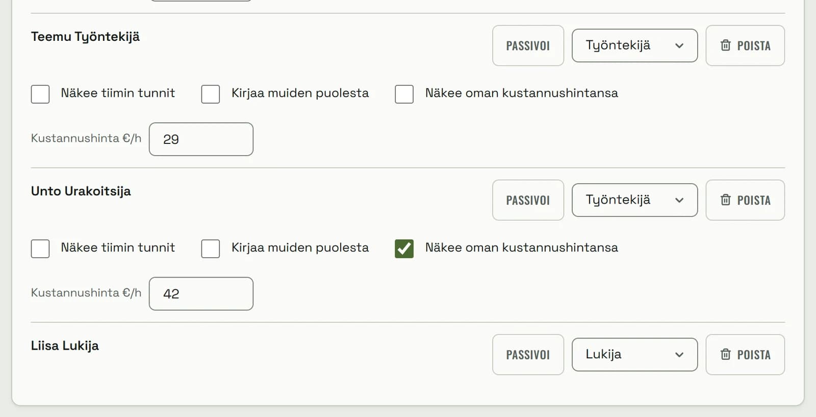 Jäsenlista: Teemu Työntekijä ja Unto Urakoitsija työntekijöinä kustannushinnoin 29 ja 42 €/h sekä oikeusvalintoineen, Liisa Lukija lukijana.